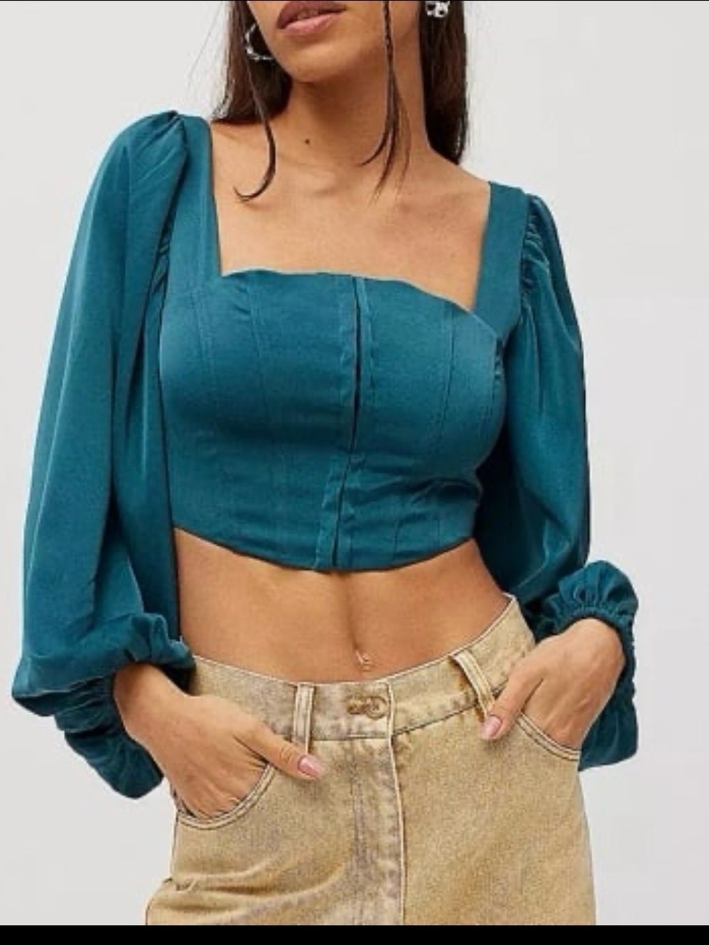 Urban Outfitters Teal Square-Neck Crop Top with Puff Long Sleeves
